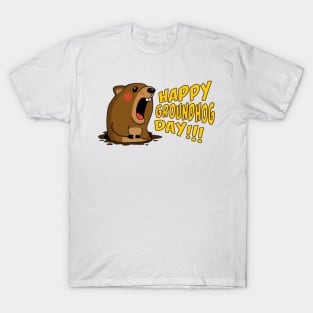 Cute Groundhog Screaming "Happy Groundhog Day!" Holiday T-Shirt